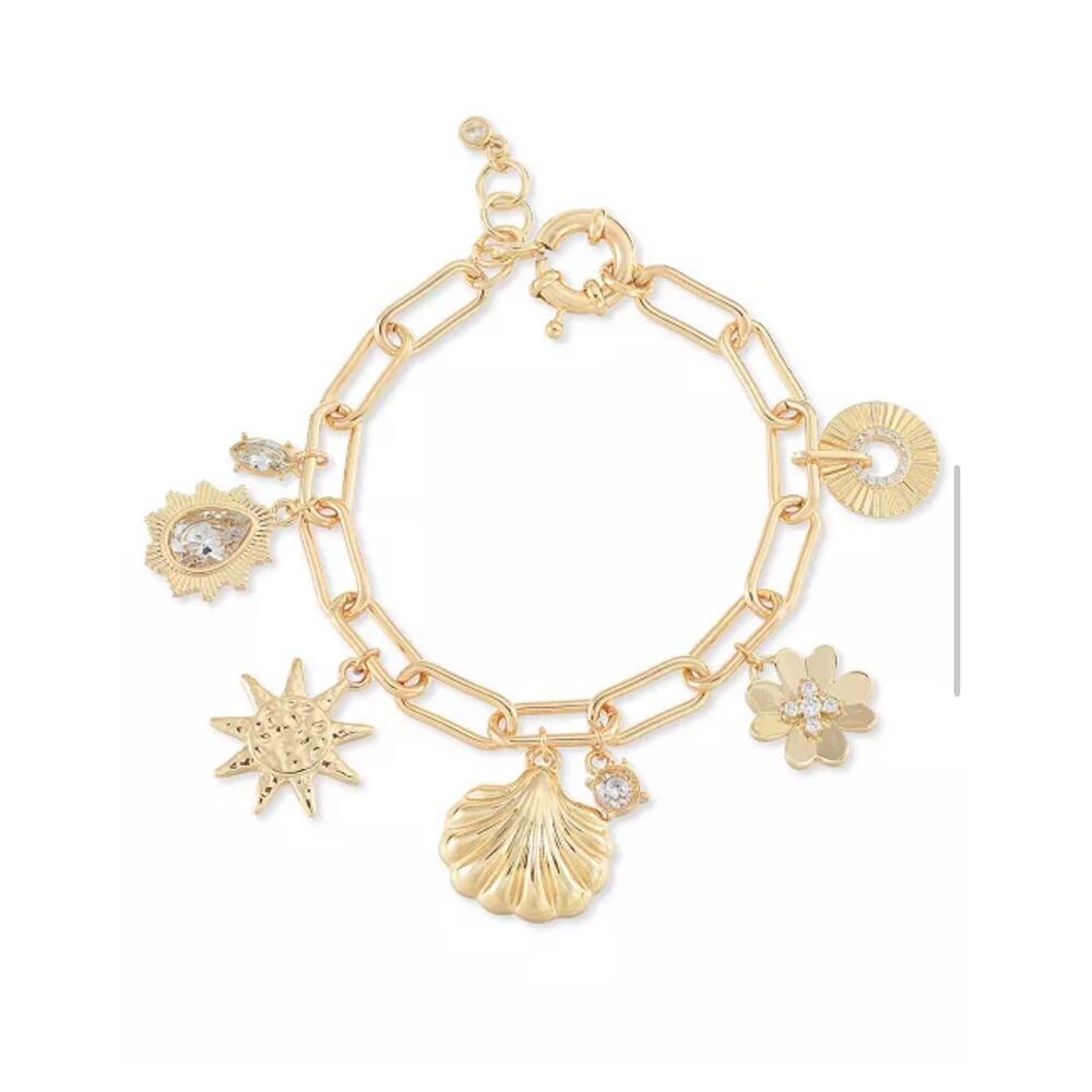 On 34th Gold-Tone Crystal Charm Flex Bracelet